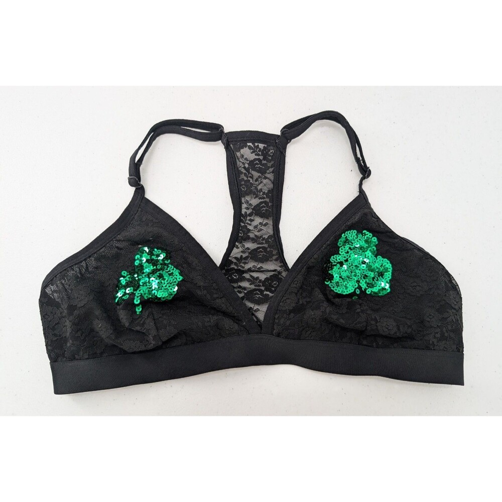 Victoria's Secret PINK Bralette L Black Lace Three Leaf Clover Unlined